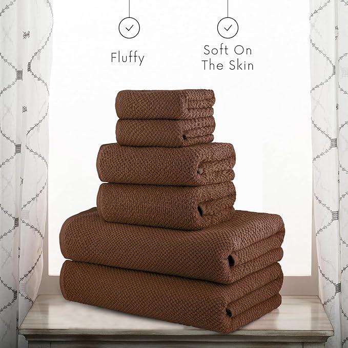 CASA COPENHAGEN Popcorn Textured 6 Pieces Towel Set- Toffee, 550 GSM 2 Bath Towel 2 Hand Towel 2 Washcloth, Rough & Tough Use Cotton Towels Gift Set for Bathroom