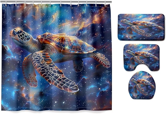 Sea Turtle Shower Curtain - 4 Pcs Kids Bathroom Set Under The Sea Shower Curtain Turtle Shower Curtains for Bathroom Sea Turtle Themed Bathroom Decor with Rug,Toilet Cover and Bath Mat with 12 Hooks
