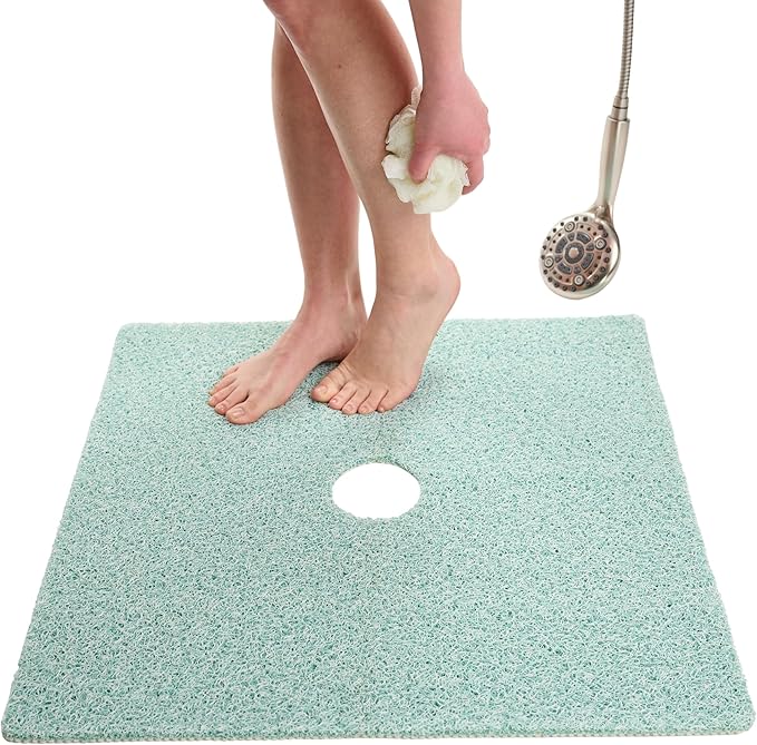 Enkosi Loofah Shower Mat with Drain Hole – Cushioned Anti-Slip Square Bath Mat for Showers, and Bathroom Floors – Textured PVC, Non Slip Safety Pad for Walk-in Stalls and Wet Areas (27x27 Aqua Green)