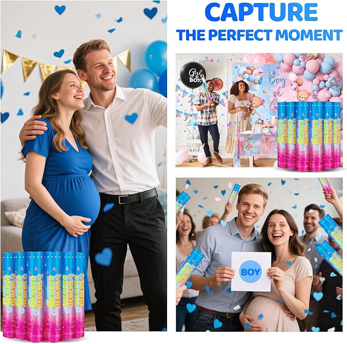 Gender Reveal Confetti Cannons – 6 Pack Blue Party Poppers – Baby Boy Gender Reveal Cannon Kit with Heart-Shaped Confetti – Easy Twist Shooters for Baby Reveal Party Decorations