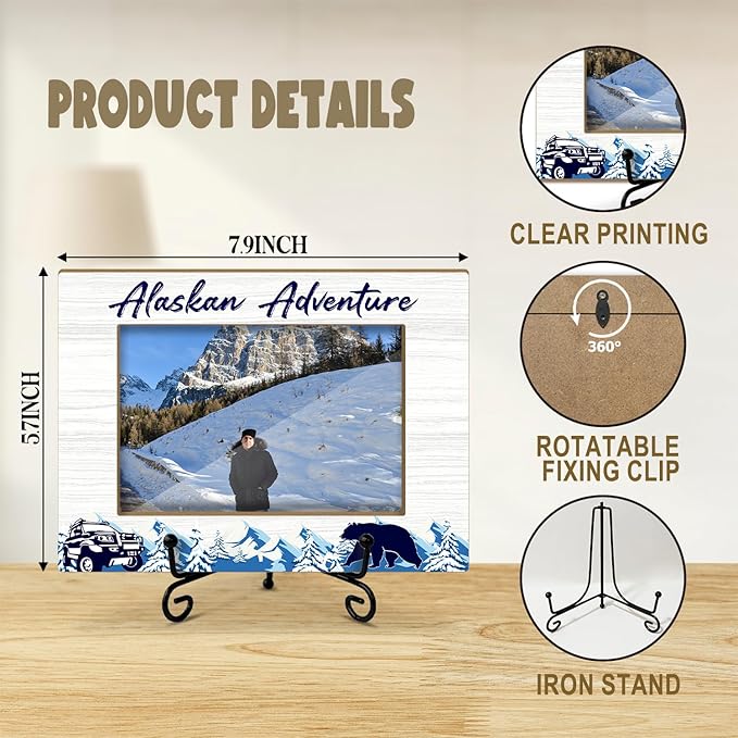 Lesixur Alaska Adventure Photo Frame with Iron Stand, Alaska Vacation Friendship Gifts for Friends Family Couples, 4x6 Wooden Picture Frame for Tabletop Desktop Display, Home Table Decor -048