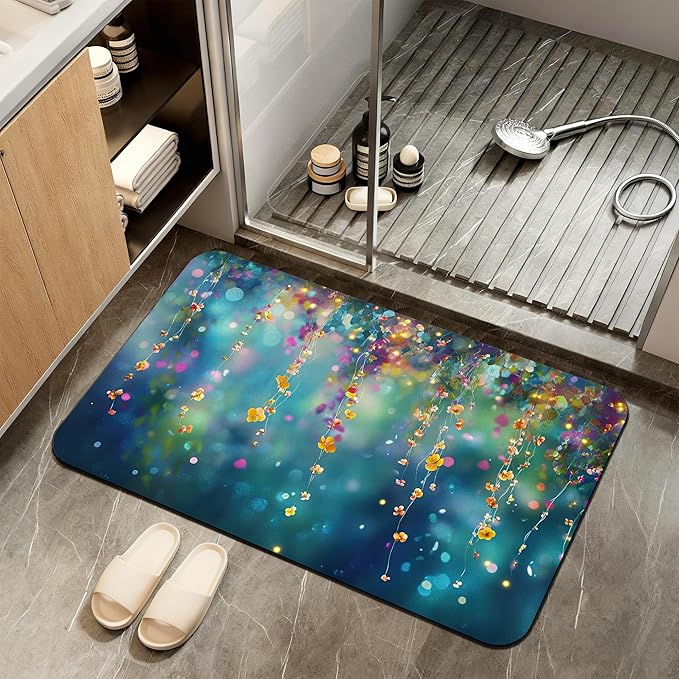 Non Slip Bath Mat,Abstract Flowers Bathroom Decor,Spring Floral Diatomaceous Bath Mat Quick Dry Absorbent Bathroom Rugs-Shower Rug for Kitchen Laundry Bathtub Shower 17"x29.5"