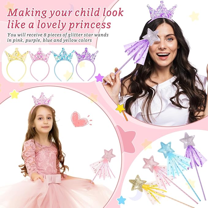 12 Pcs Princess Party Favors Including 6 Glitter Star Fairy Wands and 6 Sequin Princess Crown Headbands for Girls Birthday Party Gifts