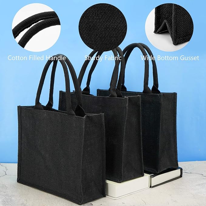 Segarty Tote Bags, 6 Pack Medium Black Burlap Jute Reusable Canvas Gift Favors Bag with Handles Blank Tote Bulk for Bridesmaid Wedding, Women Market Grocery Shopping, Bachelorette Party, Beach Trip