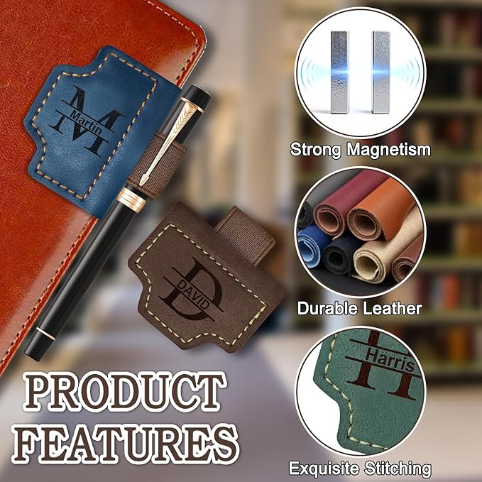 Custom Magnetic Leather Bookmark with Pen Holder, Personalized Name Book Marks Engraved Text for Reading Women Men Kids Book Lovers Gifts Travelers Notebook Accessories