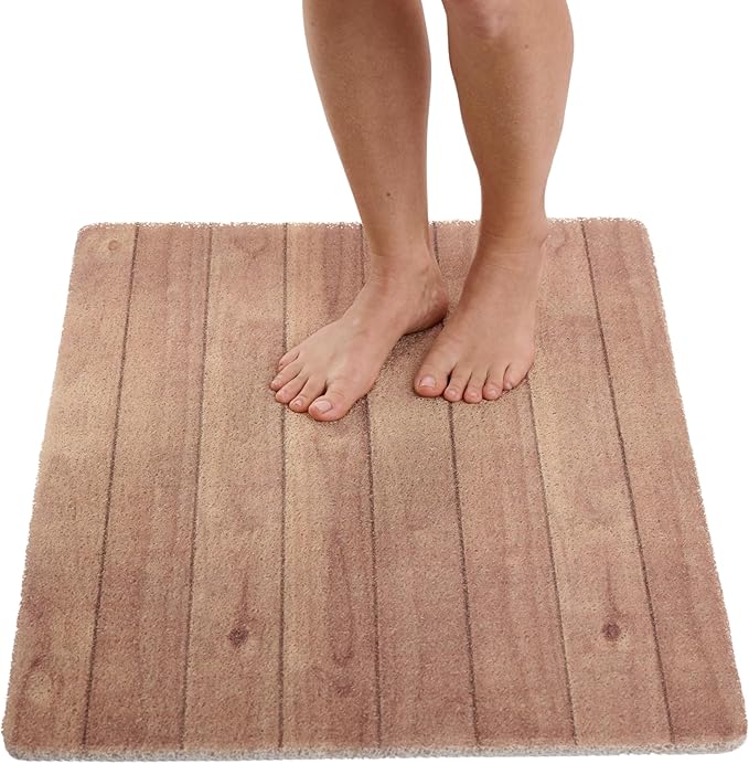 Enkosi Loofah Non-Slip Shower Mat - Shower Floors, Bathtub, Bathrooms, Wet Areas - Cushioned Bath Mat with Drain Holes - Quick Dry PVC, Secure Safety Pad Without Suction Cups (32x24 Teak Wood)
