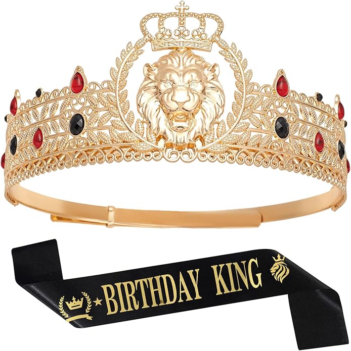 King Crown and Birthday Sash, King Crown for Men,Gold Men's Tiara Prince Diadem,Royal Medieval Cosplay Birthday Prom Halloween Hair Accessories