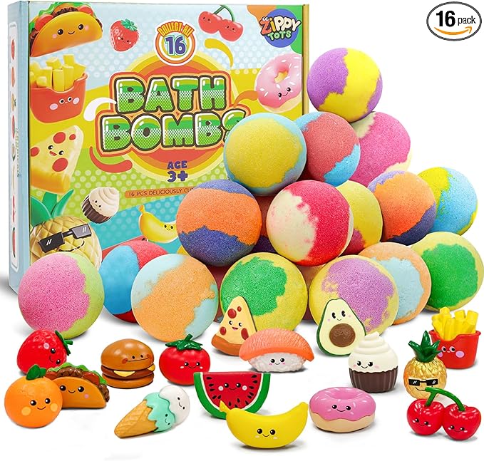 Kids Bath Bombs with Food Toys Inside, 16 Pack Colorful Surprise Bath Fizzies Set, Organic Fizzy Bubble Bath Bombs for Girls & Boys, Ages 3+