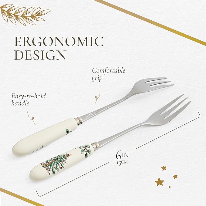 Spode Christmas Tree Pastry Forks (Set of 6), Stainless Steel Forks with Porcelain Handles for Holiday Meals, 6-Inch Festive Christmas Flatware - Seasonal Tableware & Silverware Gift Set