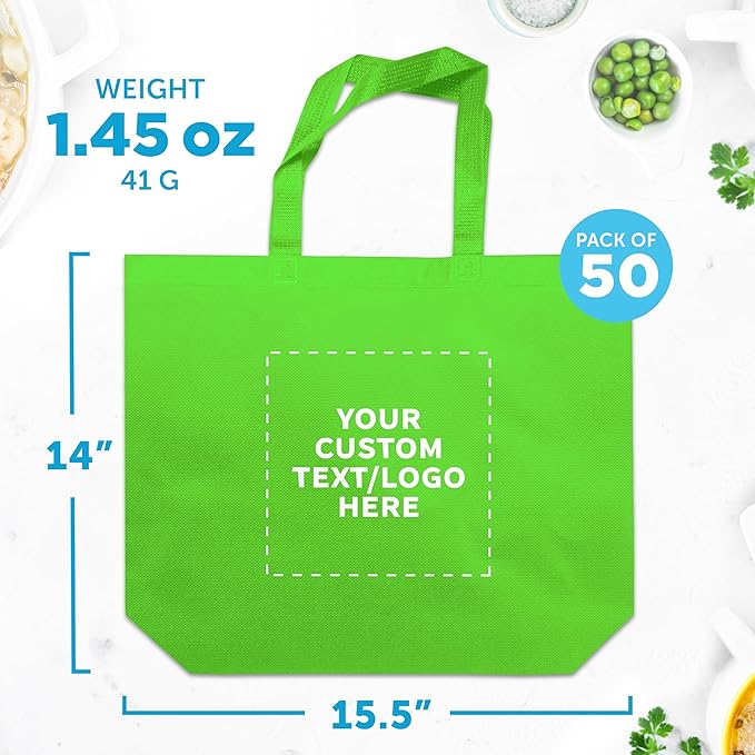 DISCOUNT PROMOS Custom Jumbo Sized Tote Bags Set of 50, Personalized Bulk Pack - Reusable Grocery Bags, Shopping Bags, Promotional Item Totes for Women - Lime Green