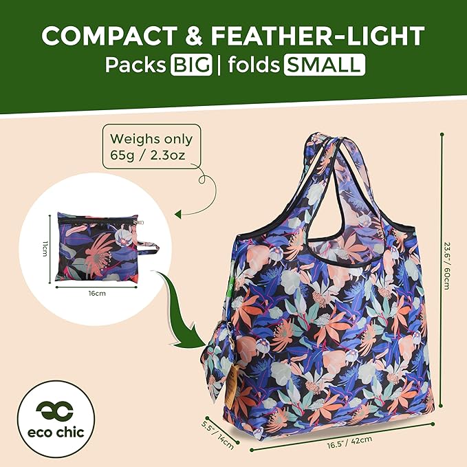 ECO CHIC Foldable Reusable Large Grocery Bags - Foldable Grocery Bags - Lightweight, Recycled & Reusable Shopping Bag - Waterproof, Packable Tote Fitting in Fine Grocery Bag Carrier