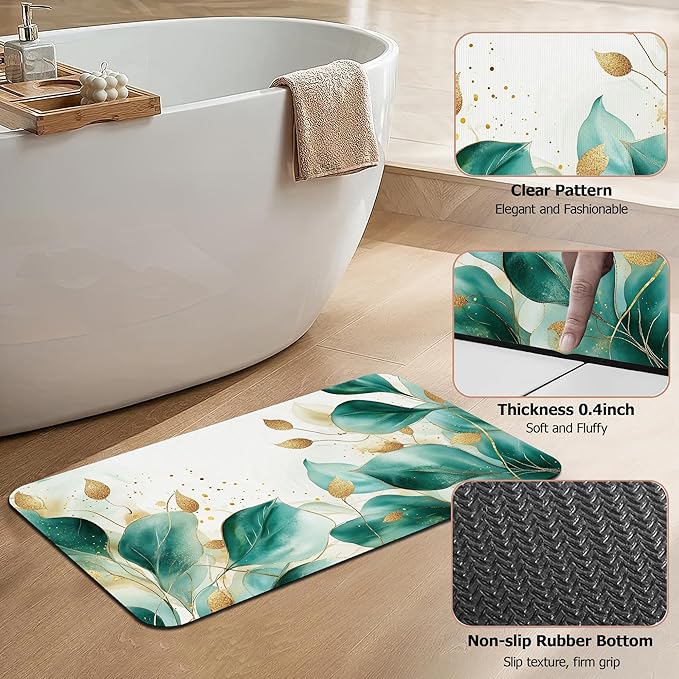 Eucalyptus Gree Bathroom Rugs,Bath Mats for Bathroom,Gold Foil Low Pile Absorbent Bath Mat,Rubber Backing Non Slip Washable Thin Quick Dry Door Mat 17x29.5 Inch