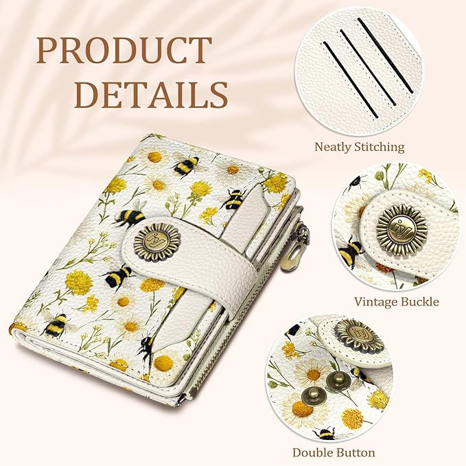 Floral Bee Small Wallet Women RFID Blocking Bifold, Credit Card Holder, Zipper Coin Pocket, PU Leather, Cute, Compact, Travel, 4 ID Window, 14 Card Slots, Cash Purse, Ladies Woman Female Girls