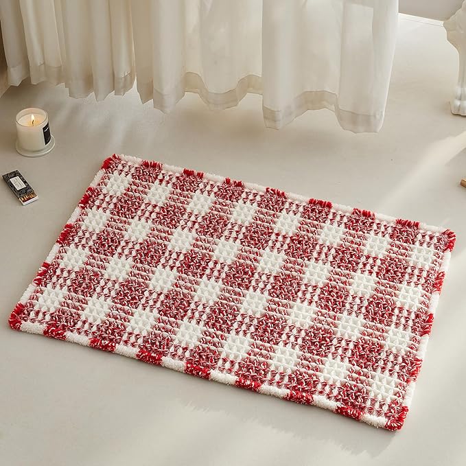 Waffle Bath Mat, Boho Christmas Bathroom Rugs Non Slip Washable Absorbent Checkered Bathroom Mat Quick Dry Cute Bath Mat, 30"x20" Red and White