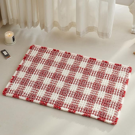 Waffle Bath Mat, Boho Christmas Bathroom Rugs Non Slip Washable Absorbent Checkered Bathroom Mat Quick Dry Cute Bath Mat, 30"x20" Red and White