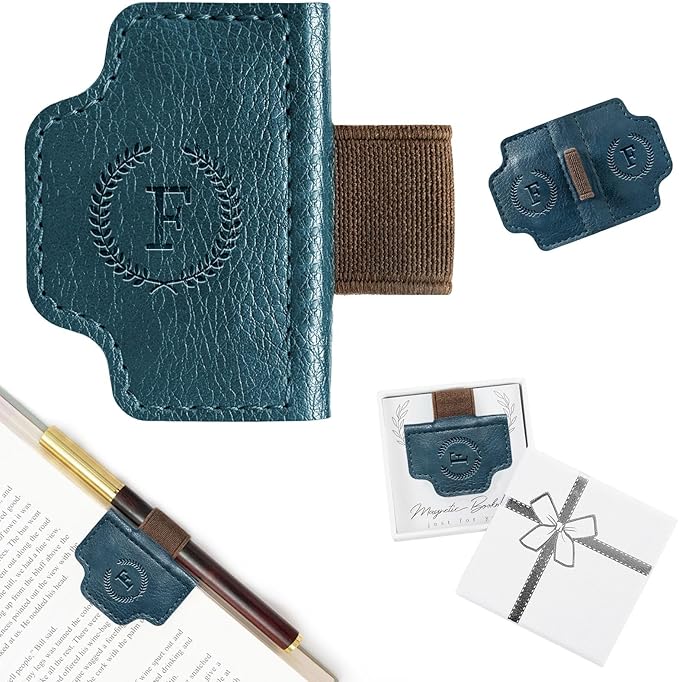 BygoneMark Magnetic Leather Bookmark with Pen Holder, Personalized Custom Initial Page Marker & Pen Clip, Professional Book Accessory for Students (Blue-F)