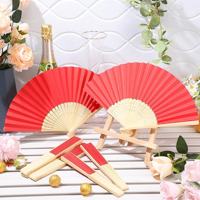 Yinkin 24 Pack Folding Fans Bamboo Handheld Folded Craft Hand Japanese Chinese Fans for Weddings Bridal Dancing Church DIY Decoration Women Gift Party Favors (Red)
