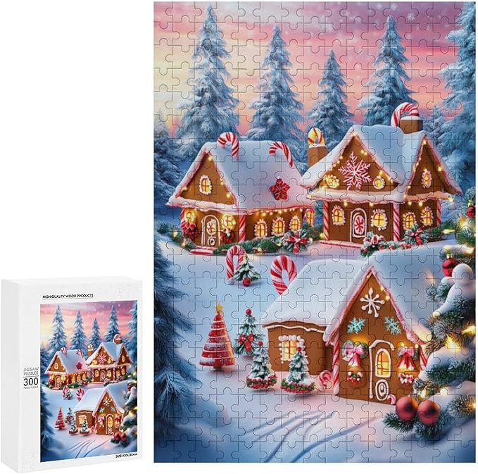 Wooden Puzzle - Christmas Gingerbread House and Candy Jigsaw Puzzles，Wooden Puzzles for Adults 300 Pieces Challenge Puzzles，Educational Games，Family Puzzles，Unique Gifts for Wall Art