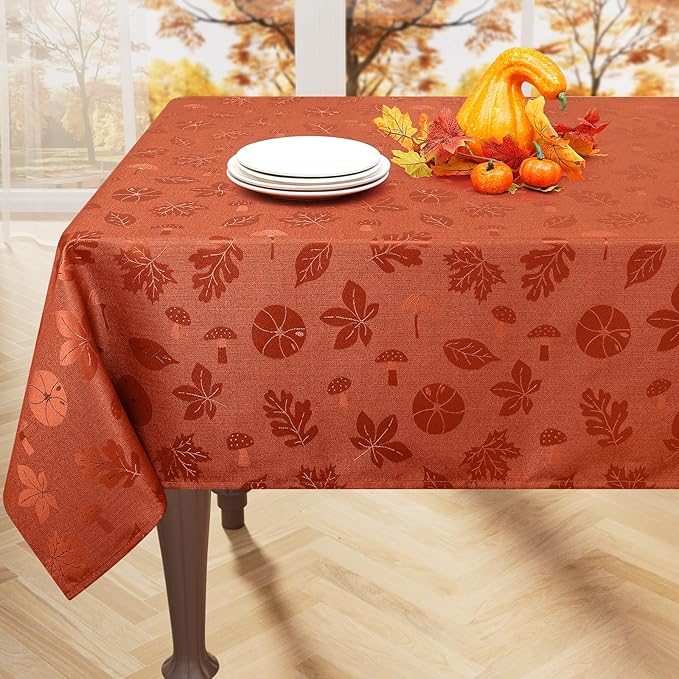 misaya Rectangle Thanksgiving Tablecloth, Waterproof Jacquard Fall Table Cloth, Damask Cloth Table Cover for Harvest Decor (60" x 84", Rust Leaves Pattern)