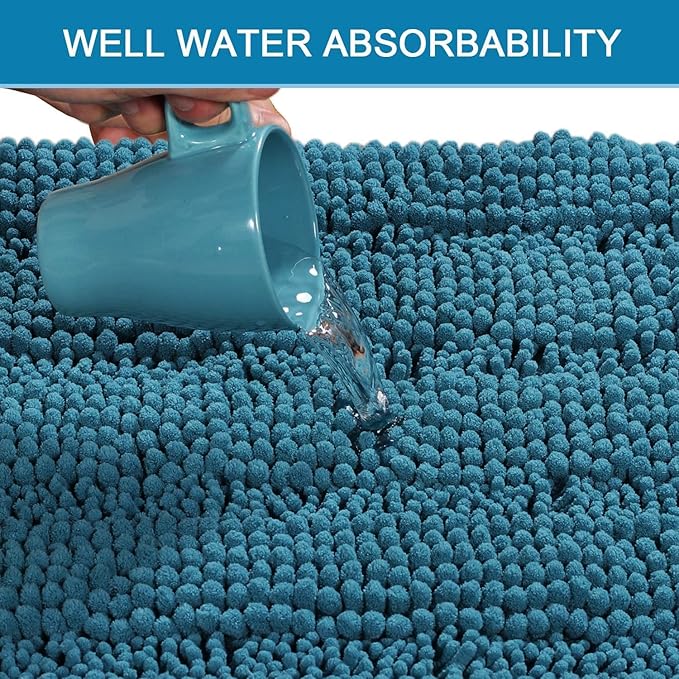 H.VERSAILTEX Bathroom Rugs Bath Rugs for Bathroom Non Slip Bath Mats Extra Thick Chenille Striped Rug 17" x 24" Absorbent Soft Shaggy Washable Dry Fast Bath Mats for Bath Room Floor - Turquoise Blue
