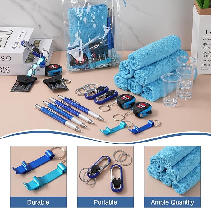 85Pcs Baby Shower Prizes for Men, 8 Sets Winner Gifts with Multi-Tool Pen, Screwdriver, Tape Measure, Bottle Opener, Keychain, Cleaning Cloth & Gift Bags for Winner Bachelor Party Favors (85)