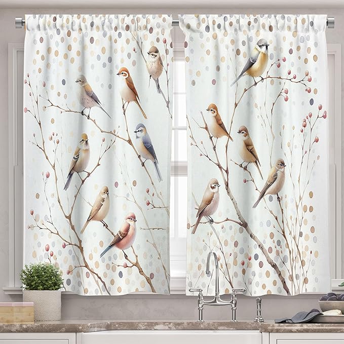 Ambesonne Bird Print Valance & Tier Curtain 3 pcs Set, Watercolor Style Polka Dots and Animals on Leafless Fall Branches, Window Treatments for Kitchen Room Decor, 55" x 36", Pastel Brown Purpleblue