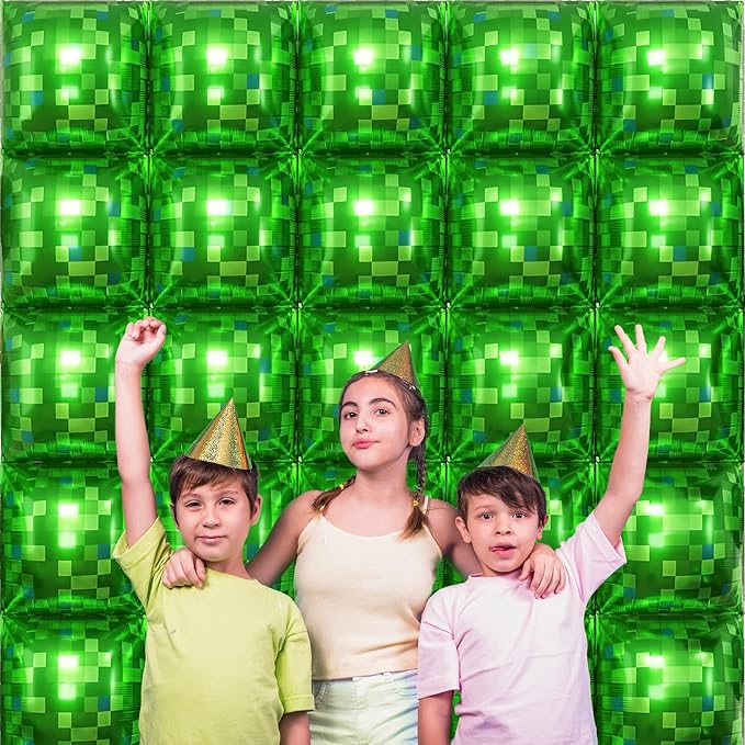 Green Pixel Square Balloon Wall, 25 PCS Green Pixel Square Foil Balloons Wall Backdrop Balloons Tunnel Arch for Kids Boys Video Game Theme Birthday Party Decoration