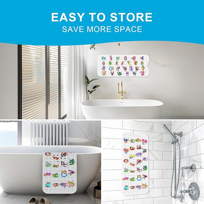 XIYUNTE Baby Bath Mat for Tub Non Slip Kids Bath Mat - 40''x16'' Extra Long Cartoon Bathtub Mat Non Slip Kids Shower Mat Eco-Friendly Toddler Bath Mats with Suction Cups, Machine Washable
