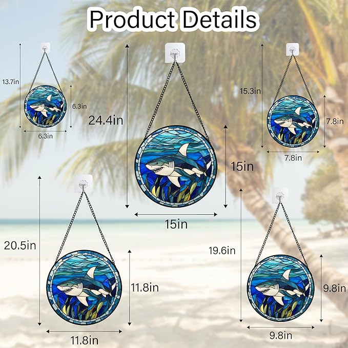 Stained Glass Suncatcher, Blue Ocean Big Shark Sun Catcher Waterweed Stain Glass Window Hanging Decoration Mother's Day Birthday Gifts for Women Men Mom Nana 11.8 in