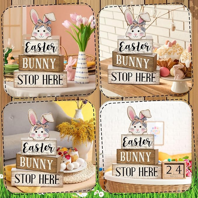 4 Pcs Easter Table Decoration Wooden Rabbit Easter Tiered Tray Decor Cute Bunny Centerpiece Rustic Wooden Bunny Block Sign Farmhouse Holy Week Party Decoration for Home Kitchen Shelf