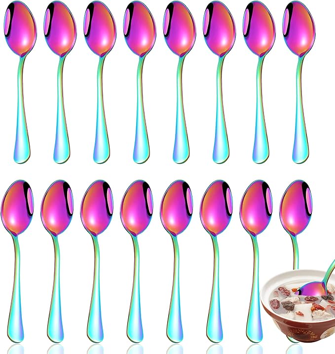 Rainbow Spoons,Set of 16 Top Food Grade Stainless Steel Spoons Silverware, Big Tea Spoons,6.7 Inches,Mirror Finish & Dishwasher Safe,New Apartment Essentials Flatware