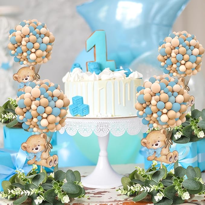12 Set Blue Baby Shower Table Centerpieces Decortion Blue Bear with Eucalyptus Wreath Wood Slices Welcome Baby Table Topper for Gender Reveal It's A Boy Party Favors