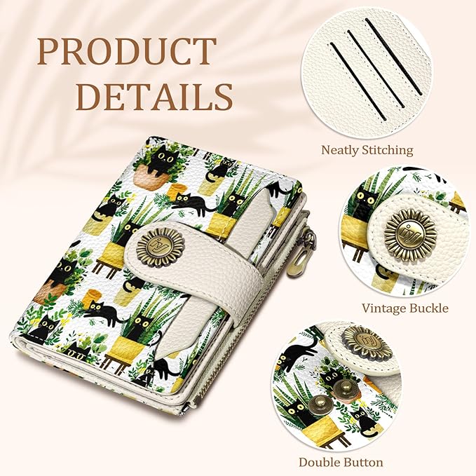 Black Cat Small Wallet Women RFID Blocking Bifold, Cute Credit Card Holder, Zipper Coin Pocket, Compact, Travel, PU Leather, 4 ID Window, 14 Card Slots, Cash Purse, Ladies Woman Female Girls
