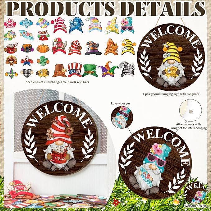 Qunclay Interchangeable Wooden Gnome Decor Holiday Seasonal Gnome Decorations with Magnet Pieces and Detachable Hats Changeable Welcome Sign for Home(Dark Brown)