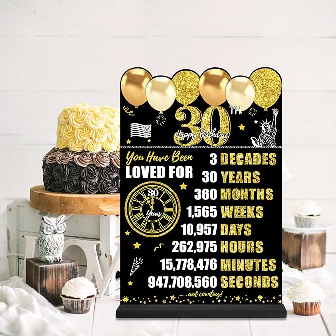 Black Gold 30th Birthday Decorations for Men Women, Two-Sided Vintage 30 Back in 1996 Theme Poster Wooden Table Sign with Stand, Thirty Years Old Bday Centerpieces Holder for Table Decor