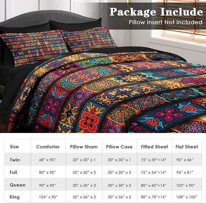 5 Pcs Comforter Set Twin Size, Colorful Mandala Floral Vintage Bedding for Kids and Adults, Bohemian Flower Bed Sheet Sets with Fitted Sheet Pillowcase & Sham for Bedroom Bed Decor