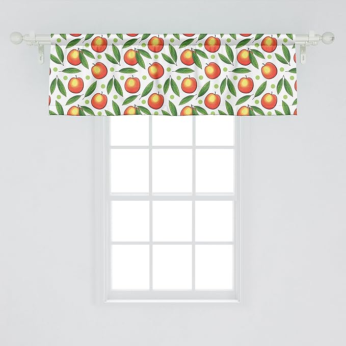 Ambesonne Fruits Window Valance, Repeated Peaches with Leaves and Polka Dots on Plain Background, Curtain Valance for Kitchen Bedroom Decor with Rod Pocket, 54" X 18", White Vermilion and Fern Green