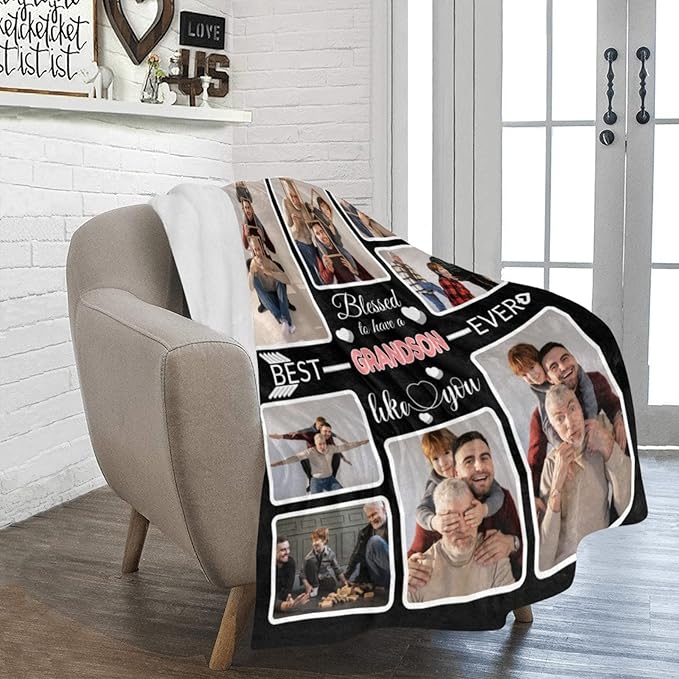 Custom Blanket Gifts for Grandson, Customized Blankets with Photos, Make a Personalized Bed Throws to My Grandson, Custom Souvenir Throw Blanket for Best Grandson Ever, 8 Collages Made in USA