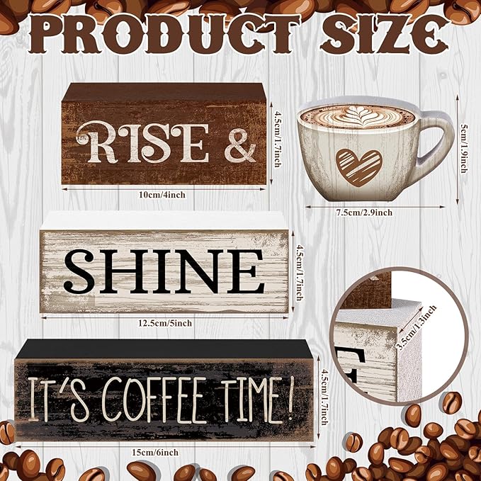 4 Pcs Farmhouse Coffee Bar Sign Decor Wooden Cup Rise & Shine It's Coffee Time Rustic Wood Cafe Sign Gift for Home Kitchen Tabletop Decor
