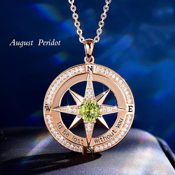 S925 Necklace Birthstone Compass Gift for Women Jewelry Sterling Silver Necklace for Wife Wedding Anniversary Girlfriend Birthday Gifts for Her Valentines Day Mom Mothers Day
