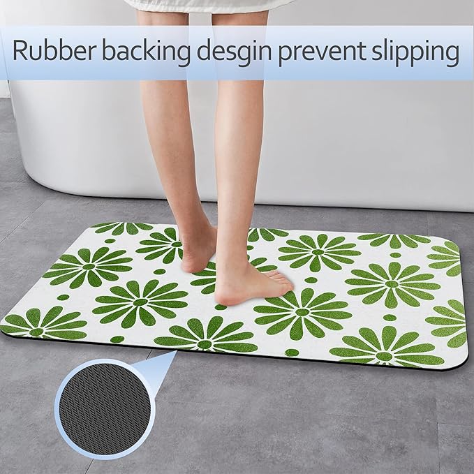 Bathroom Rug 29.5"x17",Green Flowers Bath Mat with Non-Slip Rubber Backing, Quick-Drying Absorbent Thin Floor Mat for Bathroom, Shower, Sink, or Kitchen