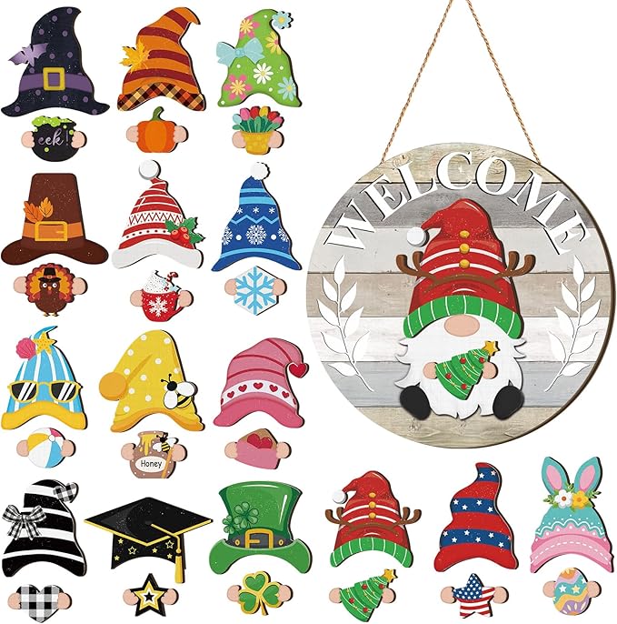 Qunclay Interchangeable Wooden Gnome Decor Holiday Seasonal Gnome Decorations with Magnet Pieces and Detachable Hats Changeable Welcome Sign for Home(Yellow and Grey)