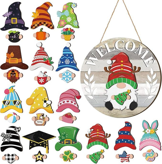 Qunclay Interchangeable Wooden Gnome Decor Holiday Seasonal Gnome Decorations with Magnet Pieces and Detachable Hats Changeable Welcome Sign for Home(Yellow and Grey)