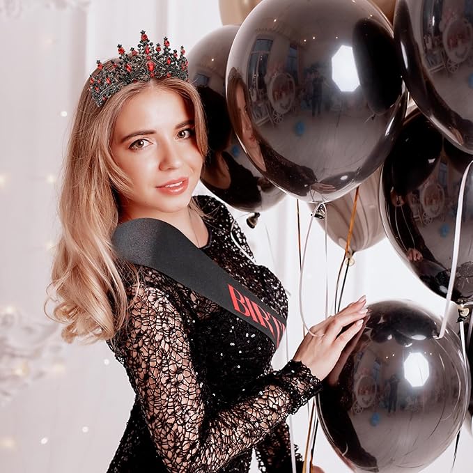 COCIDE Black Red Birthday Queen Sash for Women Happy Birthday Crowns Princess Tiaras Sashes for Girl Crystal Party Decorations Rhinestone Headband Supplies Decor