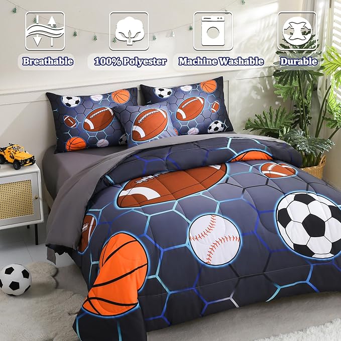 6 Pcs Bed in A Bag Twin Size Comforter Sets for Boys,Sports Bedding Sets,Baseball Soccer Basketball Football Comforter Sets with Sheets for Kids Teens