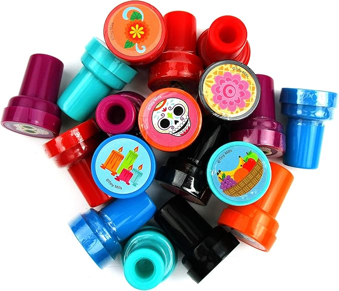 TINYMILLS Day of The Dead Stamp Set – 24 Pcs Self-Inking Stamper Kit with Sugar Skull & Floral Designs Día de Los Muertos Party Favors, Classroom Prizes, Non-Candy Goodie Bag Fillers