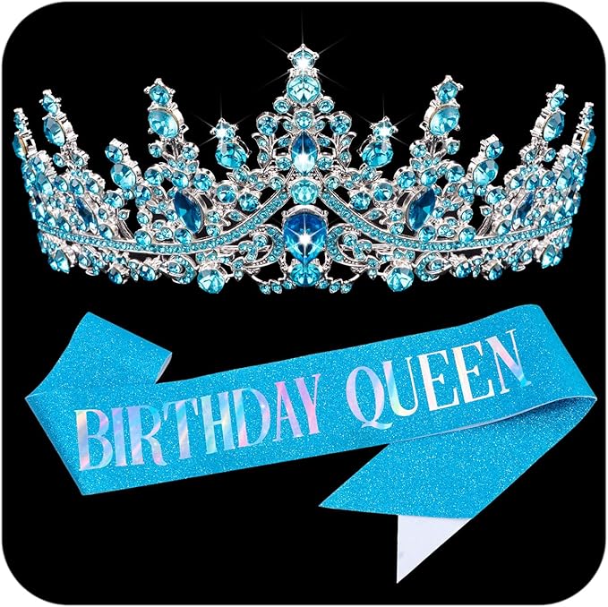 COCIDE Blue Birthday Sash and Crown for Women - Crystal Tiaras Decorations for Girl,Glitter Rhinestone Gifts Headband Sashes Decor,Coronas for Queen,Happy Birthday Accessories Party Favors
