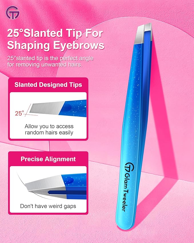 Expert Slant Tip Tweezers with Leather Travel Case, GlamTweeler Sharp & Precision Stainless Steel Tweezer for Eyebrows, Facial Hair and Fine Hairs Removal (Sparkle Royal Blue & Aqua)