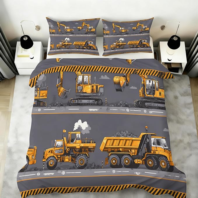 Construction Vehicles Bedding Set Oversized King Excavator Dump Truck Duvet Cover Industrial Style Comforter Cover Machinery Car Bed Set with Pillowcases for Bedroom