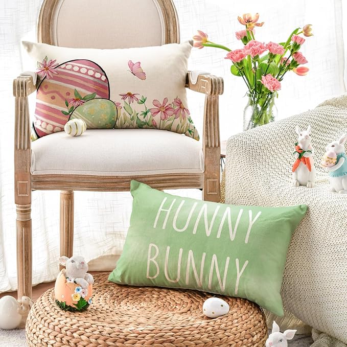 AVOIN colorlife Happy Easter Hunny Bunny Green Throw Pillow Covers, 12 x 20 Inch Easter Eggs Bunny Spring Cushion Case for Sofa Couch Set of 4